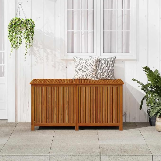 vidaXL Wooden Outdoor Storage Box with Gas-Lift Lid – Patio Deck Chest with Zippered Waterproof Bag for Garden Bench, Pool, Porch, Trunk, Cabinet, Teak Look – Brown, 59.1"x31.5"x29.5"