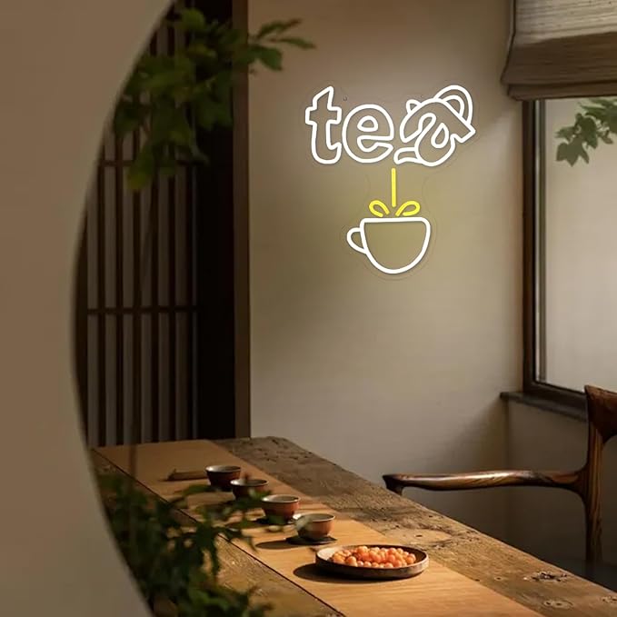 Tea Neon Sign Teapot LED Neon Light White Tea Bar Neon Sign Decor Hanging for Coffee Station, Teahouse, Restaurants, Home, Farmhouse, Kitchen Decoration