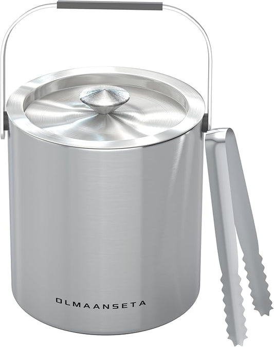 Small Ice Bucket with Lid and Tongs,1.3L Portable Mini Double Walled Ice Cube Bucket for Cocktail Bar Stainless Steel Cute Insulated Ice Buckets for Parties