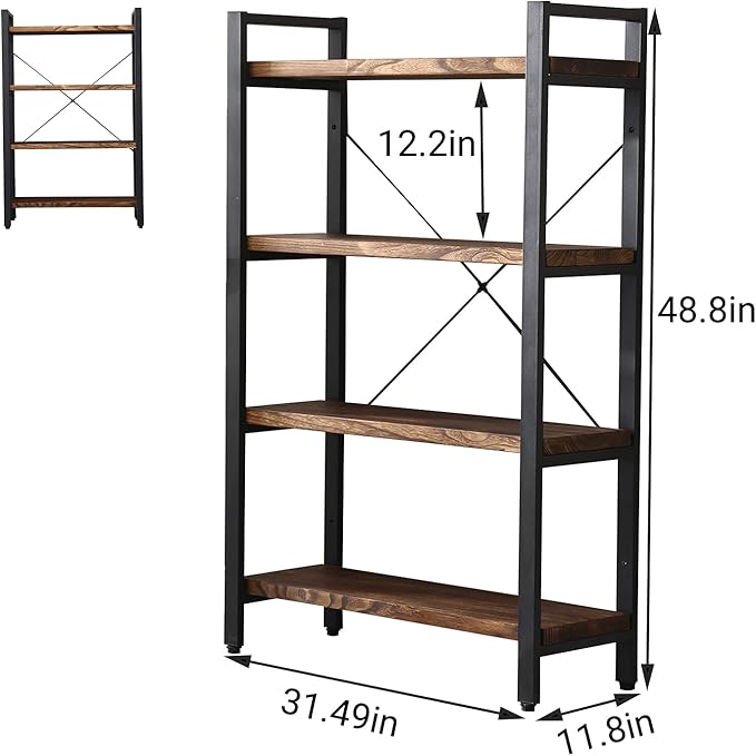 Solid Wood Bookshelf, 4-Tier Rustic Vintage Industrial Etagere Bookcase, Open Metal & Wood Vintage Book Shelf, Retro Brown
