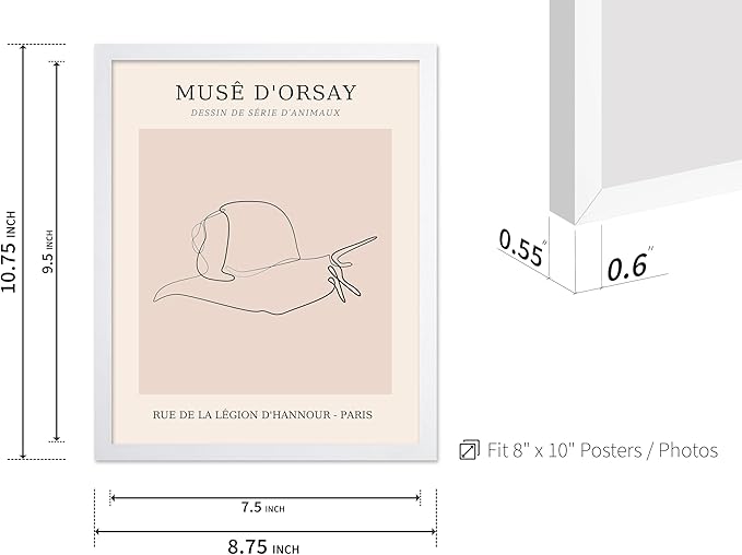 Poster Master Vintage Poster - Retro One Line Snail Drawing Print - Snail Line Art - Minimal Gift for Men, Women, Animal Lover - Abstract Wall Decor for Home, Office, 8x10 White Framed
