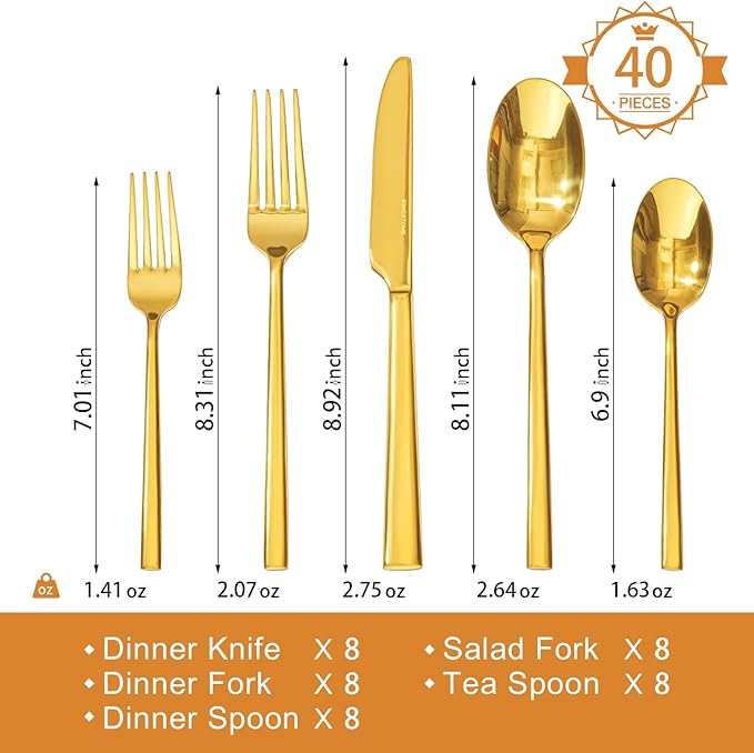 KINGSTONE Gold Silverware Set, 40-Piece Forged Flatware Set Cutlery Set Premium Stainless Steel, Service for 8, for Kitchen, Home, Wedding, Party, Mirror Polished Dishwasher Safe