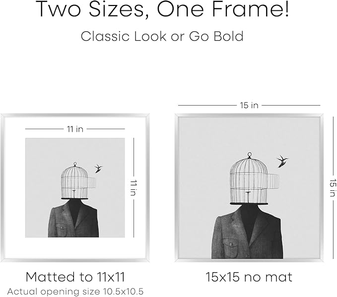 Homeforia 15x15 Picture Frame Silver, High End Metal 15 x 15 Square Frame with Mat 11 x 11 Photo, 15x15 Poster Frames Matted to 11x11 Print, 15 by 15 Hanging Frames, Tempered Glass, Wall Kit, Set of 1