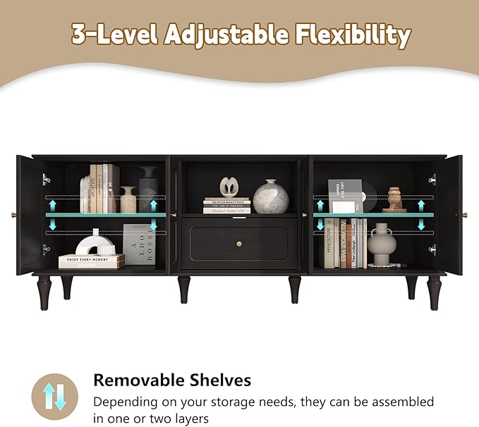 ARTPOWER 67'' Mid-Century Modern TV Stand with Storage Drawer and Doors, Long TV Stand with Adjustable Shelves for 75 Inch TV for Living Room, Bedroom, Black