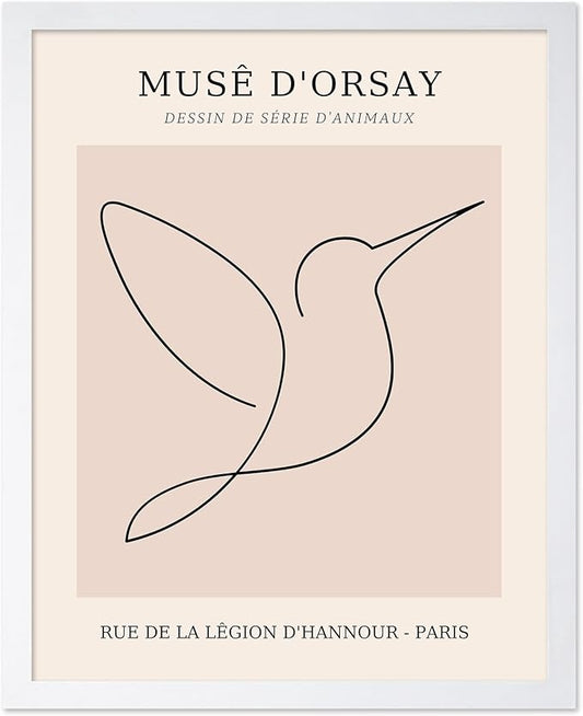 Poster Master Vintage Poster - Retro One Line Hummingbird Drawing Print - Bird Line Art - Minimal Gift for Him, Her, Animal Lover - Abstract Decor for Home, Office, 8x10 White Framed