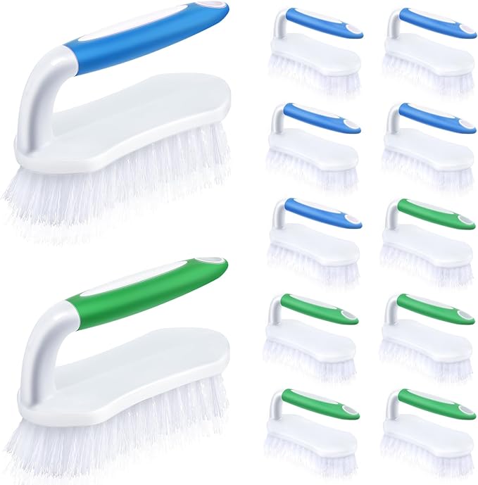 Lallisa 12 Pcs Scrub Brush for Cleaning with Handle Comfortable to Grip Heavy-Duty Flexible Stiff Bristles Scrubber Brushes Bulk for Shower Bathroom Carpet Kitchen Floor Tiles (Blue,Green)