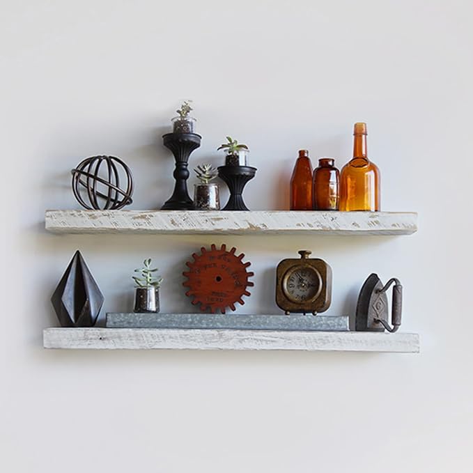 Urban Legacy Reclaimed Barnwood Planks | Floating Shelves for Wall w/Flush Mount Shelf Bracket Set Included | Set of 2 (White Wash, 40"x7"x 2")