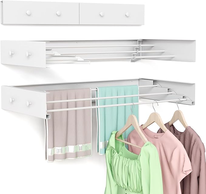 Wall Mounted Drying Rack for Laundry 19.8'', Folding Drying Rack Clothing Wall Mount with 3 Rods and 4 Hooks, Space Saving for Indoor Outdoor Bathroom Balcony (White, 19.8'')