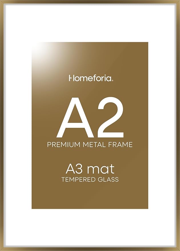 Homeforia A2 Picture Frame Bronze, High End Metal 16.5 x 23.4 inch Poster Frames with Mat 11.7 by 16.5 Photo, A2 Size Brass Frames Matted to A3 Print, 16.5x23.4 Hanging Frame, Tempered Glass, Set of 1