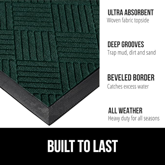 GORILLA GRIP 100% Waterproof All-Season WeatherMax Doormat US Designed Natural Rubber, Stain and Fade Resistant, Low Profile Indoor Outdoor Door Mats, Easy Clean Patio Mat, 23x35, Green Diamond