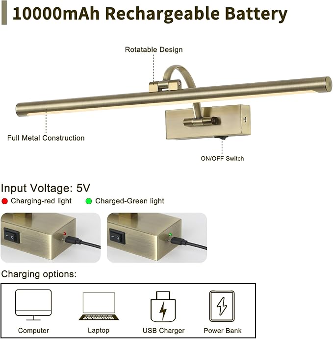 Wireless Picture Lights Rechargeable Gallery Lighting Battery Picture Frame Light with Remote and Timer, Adjustable Art Light for Paintings, Portraits, Antique Bronze Finish 24'' Inch 5W 2700K