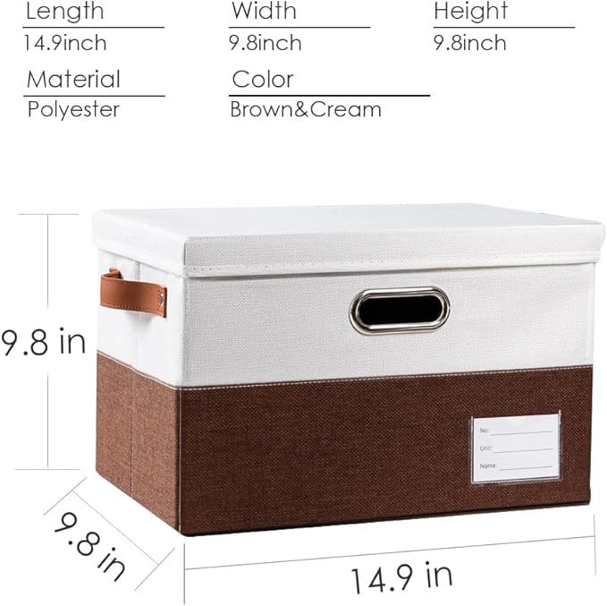 PRANDOM Foldable Storage Bins with Lids [3-Pack] Fabric Collapsible Storage Boxes Baskets Cubes Containers with Handles for Closet Living Room Bedroom (Brown & White 14.9x9.8x9.8'')