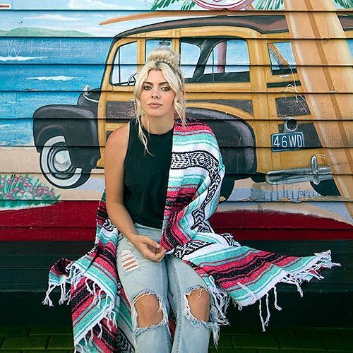 Del Mex Classic Mexican Blanket, Large Authentic Woven Falsa Throw (70"x50"), Artisan Southwest Décor for Beach, Yoga, Outdoors (Pink/Mint)
