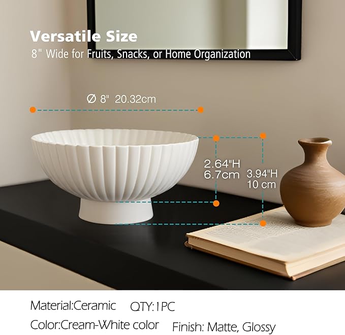 White Ceramic Fluted Decorative Bowl - 8 inch Fruit Footed Bowl for Kitchen Counter, Modern Key Pedestal Ruffle Bowl for Entryway Table & Home Organization-Fits Bread, Fruits, Salad or Popcorn
