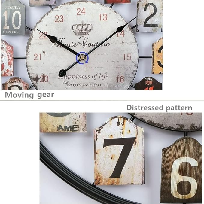 Large Wall Clock Separate Retro Dial Decorative Silent Non Ticking 20 Inch Big Vintage Farmhouse Clocks for Living Room,Black Metal Frame