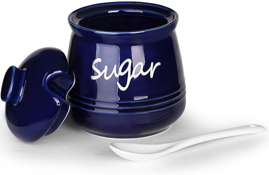 HAOTOP 12oz Sugar Bowl with Lid and Spoon,Ceramic Sugar Jar Sugar Dispenser Sugar Container Coffee Bar Accessories, Kitchen Countertop Canisters, Navy