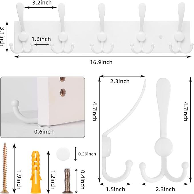 2pcs Coat Rack Wall Mount Coat Hooks Wooden Hat Rack for Wall Hooks Pine Real Wood Plank 16.9" White Coat Hanger with 5 White Triple Hooks for Hanging Coat Hat Jacket