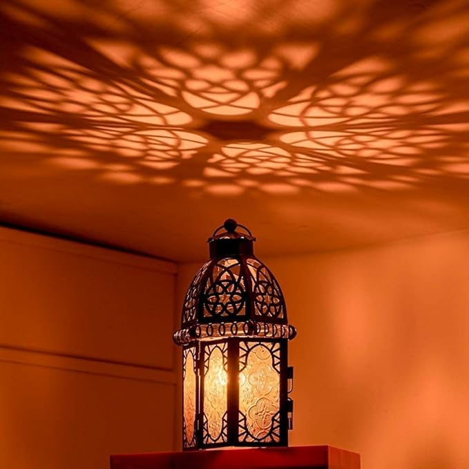 NEEDOMO Set of 2 Hanging Moroccan Lantern, 12.8'' Vintage Candle Holder, Metal Lanterns Decorative Indoor Outdoor, Table, Patio, Porch, Shelf, Ramadan Decorations (Amber)