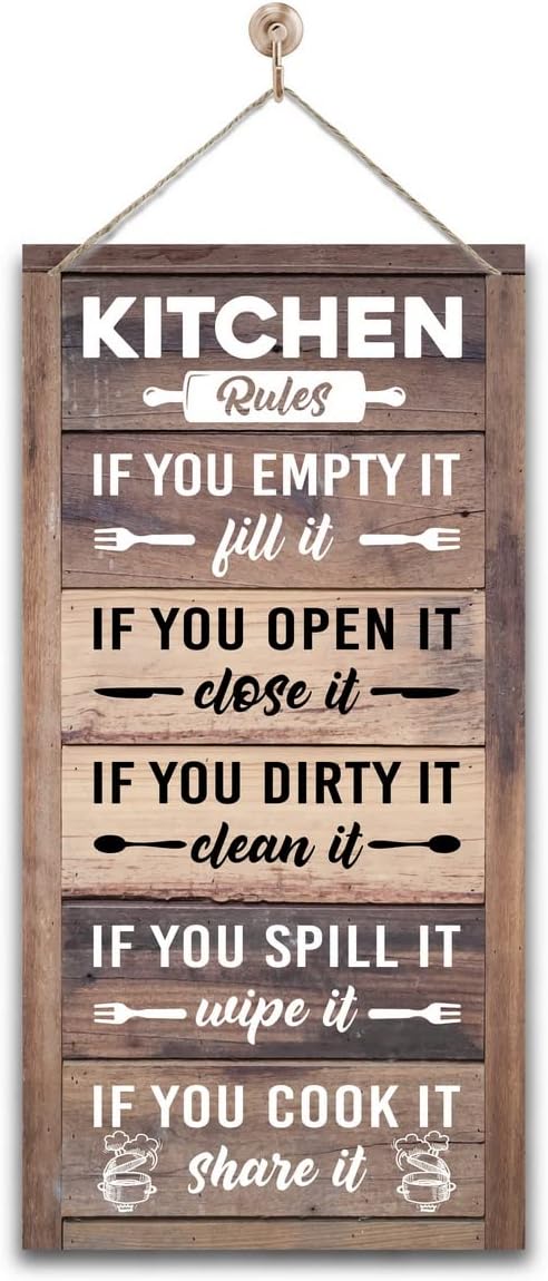 Hanging Kitchen Rules Wood Decor Sign, Rustic Kitchen Wooden Signs, Printed Wood Wall Art Sign, Kitchen Door Rules Rustic Sign, Hanging Wood Sign Kitchen Decor, Funny Farmhouse Kitchen Wall Décor