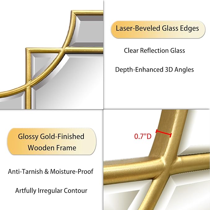 Wall Mirror Full Length, 47" x 24" Gold Framed Full Body Mirror, Scalloped Beveled Polished Decorative Mirrors, Large Rectangle Irregular Wall Mirror for Bathroom/Bedroom/Living Room/Entryway