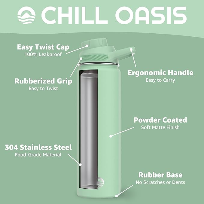 Chill Oasis Water Bottle | Compatible With Popular Flavor Cartridges | BPA Free, Leak Proof, Double-Walled Vacuum Insulated Stainless Steel, and Dishwasher Safe | Cold for 24 Hours (Sage, 22oz)