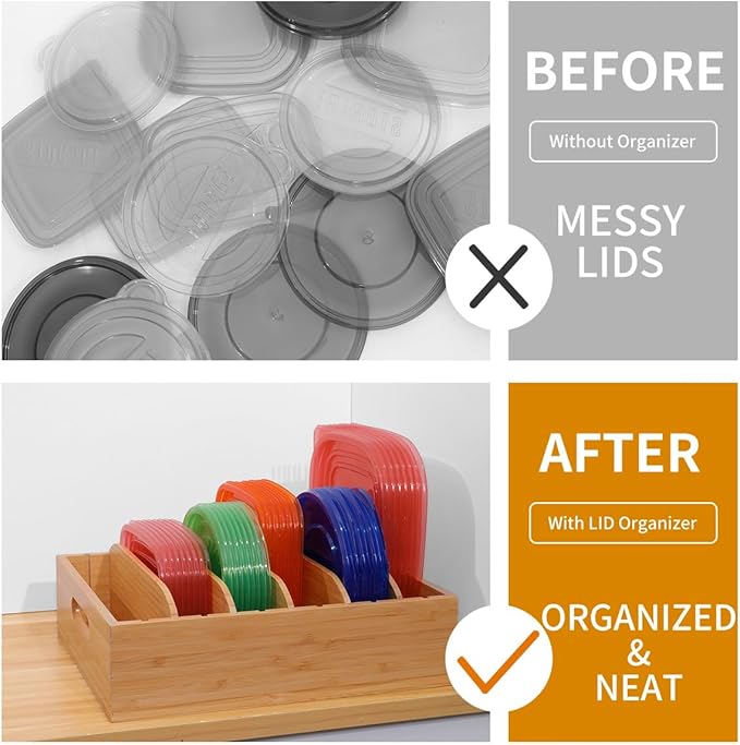 2 Pack Bamboo Lid Holder Food Container, Kitchen Organizer with 5 Adjustable Dividers, Cabinet Organizer for Food, Kitchen Gadget, Container Lids