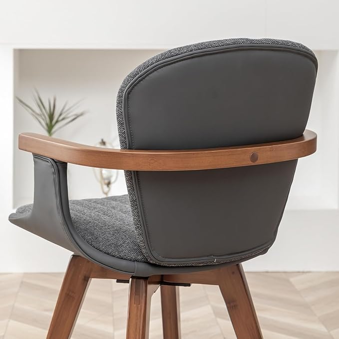 LUNLING Swivel Dining Chairs Set of 4, Mid Century Modern Gray Fabric+Faux Leather Kitchen Chairs with Arms,Bamboo Legs Side Chairs No Wheels,Accent Chair for Dining Rooms and Offices(Gray Fabric)