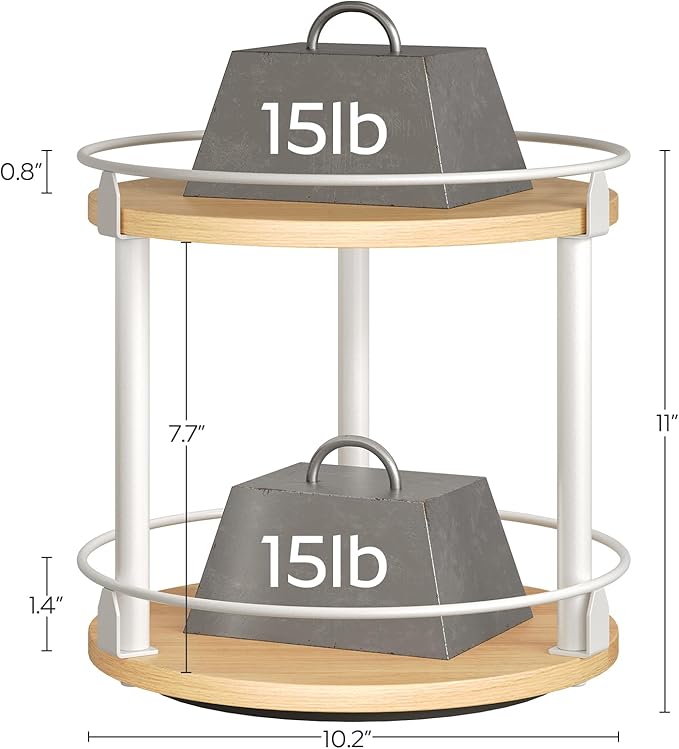 Lazy Susan Organizer, Rotating Spice Rack, 2 Tier Spice Turntable Organizer, Industrial Turntable Spice Holder, for Kitchen Countertop, Compact and Versatile, White and Natural SR22WN