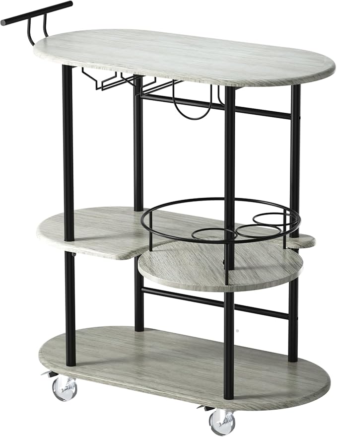 Light Gray Bar Carts with 4-Tier Storage Shelves, Mobile Bar Serving Cart with Wine Rack and Glass Holder, for The Home, Kitchen, Living Room, Dining Room