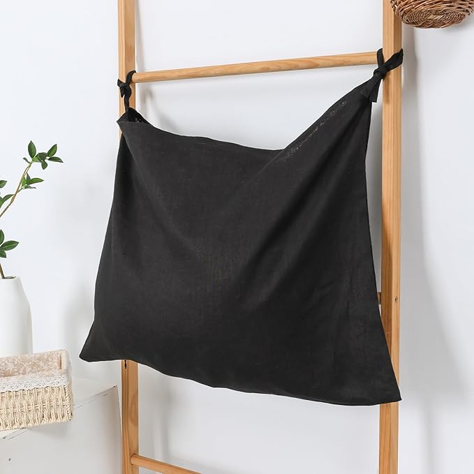 Hanging Linen Laundry Bag, 100% Pure Flax Linen Over The Door Hamper with Bottom Zipper for Laundry Room, Household Dirty Cloth Storage Organizer Bag, Black