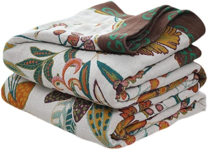 Boho Throw Blanket for Bed 80”x90”, 100% Cotton Woven Blanket for Couch Sofa, Ultra Soft 4-Layer Muslin Quilt with Vintage Floral Printed, Farmhouse Bed Blanket/Cover for Living Room Decor