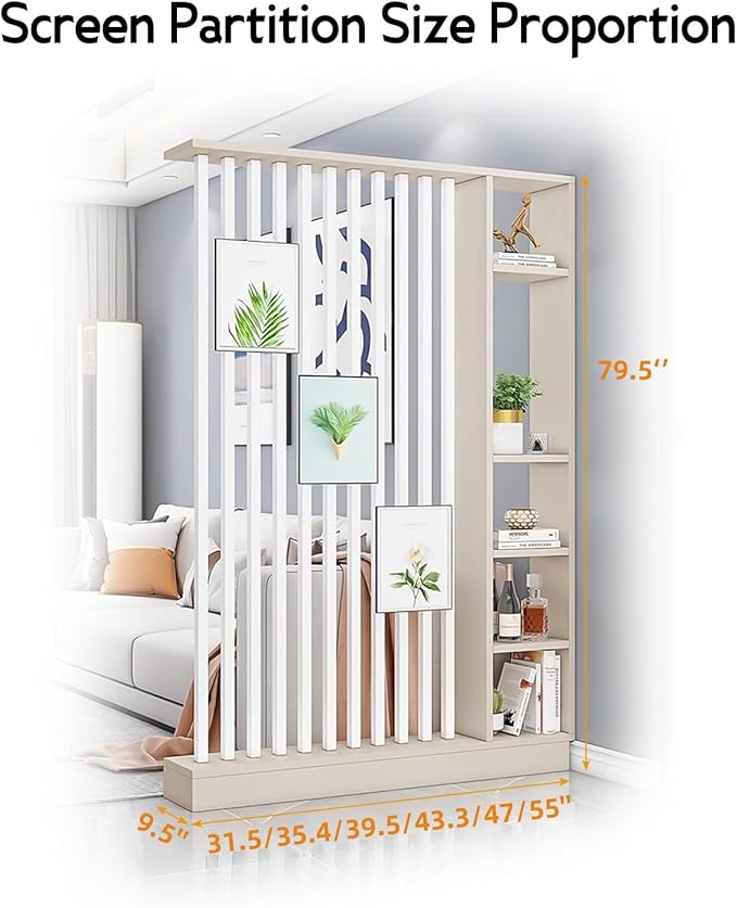 Wall Room Divider, Storage Cabinet Storage Display with Shelves, Modern Freestanding Wood Room Divider Screen, Wall Privacy Screens for Home Office Decorative (Beige+White,31.5" L x 9.5" W x 79.5" H)