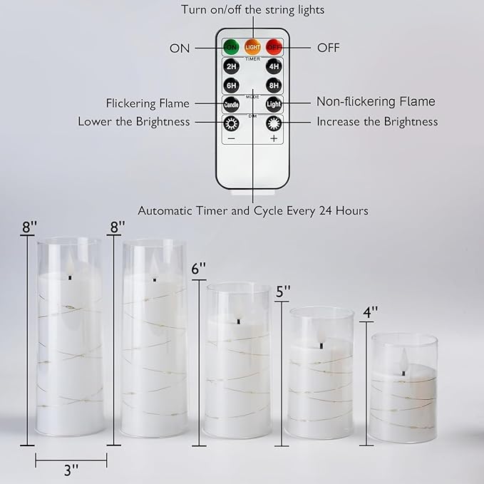 Homemory Pure White Flameless Candles with Embedded Star String Fairy Lights, Battery Operated Candle, LED Candles, Fake Candles with Remote Control and Timer, Set of 5(H4 5" 6" 8" 8")