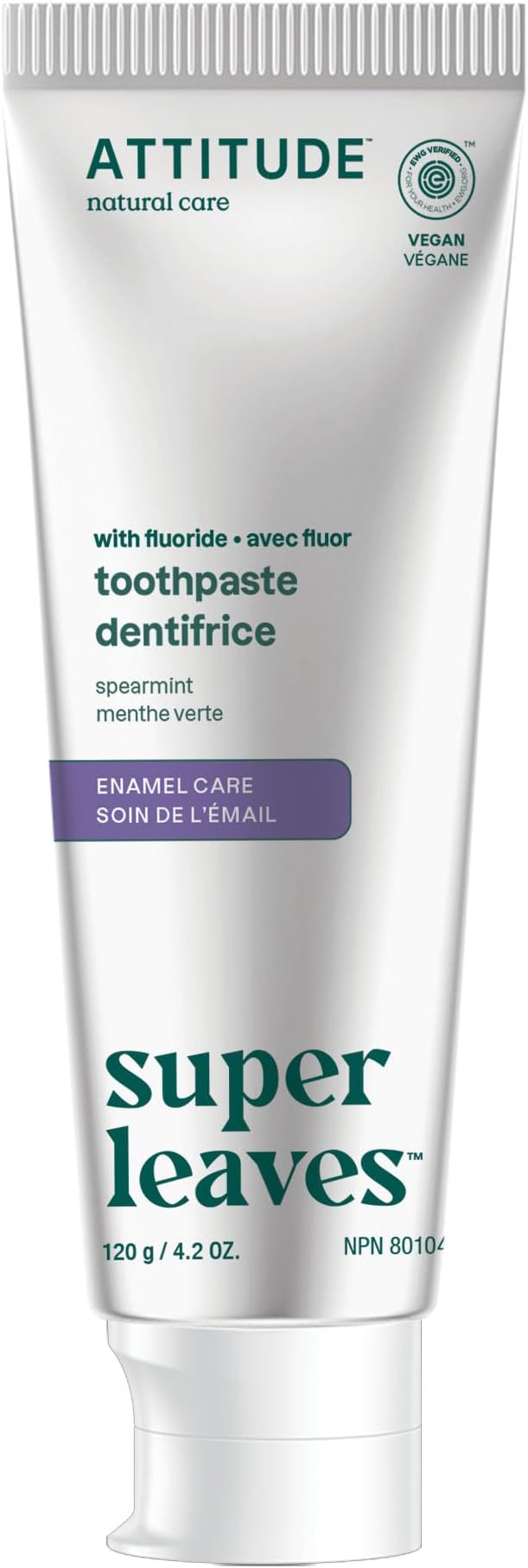 ATTITUDE Enamel Repair Toothpaste with Fluoride, Spearmint Flavor, Vegan & Cruelty-Free, Sugar-Free, Plant & Mineral-Based Ingredients, Clean Oral Care, 4.2 Oz