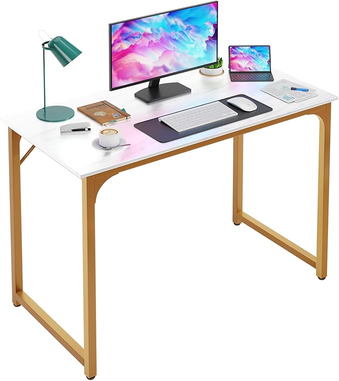 PayLessHere | 39 Inch Computer Desk | White Gold | Office Desk with Metal Frame, Adjustable Feet | Water-Resistant, Scratchproof Surface | Sturdy Writing Table for Home Office or Study | Pack of 1