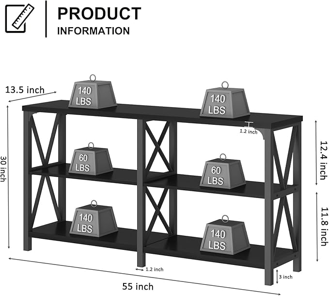 LVB Black Console Table, Modern Entryway Table with 3 Tier Storage Shelves, Industrial Sofa Table Behind Couch for Living Room, Farmhouse Wood Metal Entry Table for Hallway Foyer, Black Oak, 55 Inch