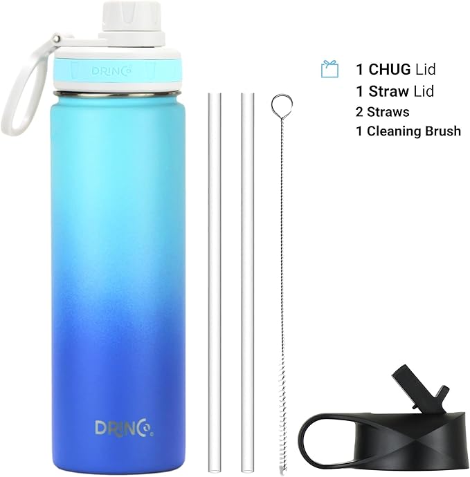 DRINCO Stainless Steel Water Bottle Spout Lid Vacuum Insulated Double Wall Water Bottle Wide Mouth (40oz 32oz 22oz 18oz 14oz) Leak Proof Keeps Cold or Hot (22 oz, 22oz Morning Sky Blue)