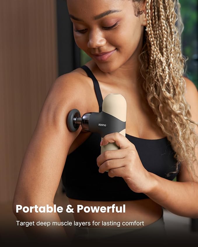 RENPHO Mini Thermal Massage Gun with Heat, Portable Deep Tissue Percussion Massager, Color Silicone Sleeves Travel Size with Carry Case, Grey