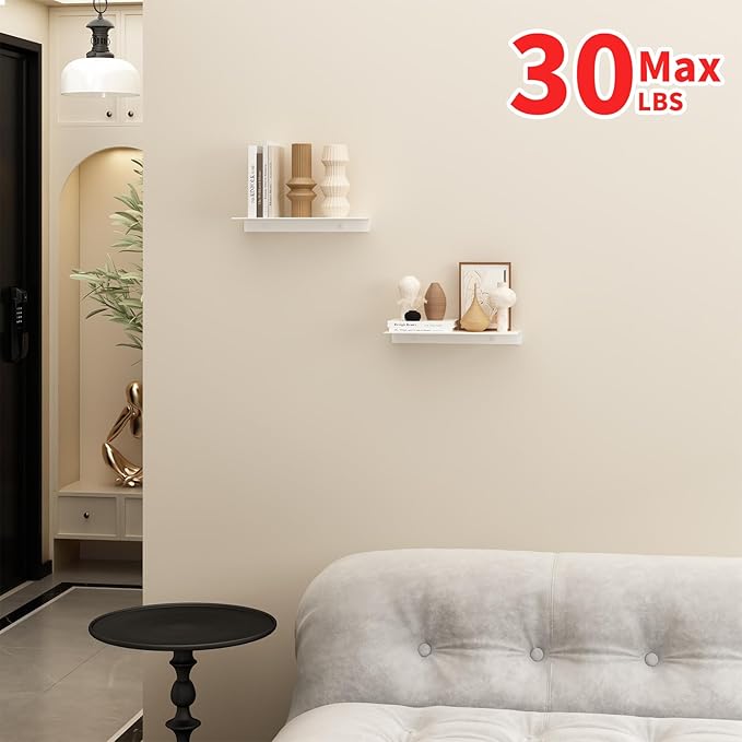 JOOM White Floating Shelves for Wall Storage, Metal Wall Shelves for Living Room, Bathroom, Kitchen, 12” Small Display Shelves for Collectibles(2 PCS)