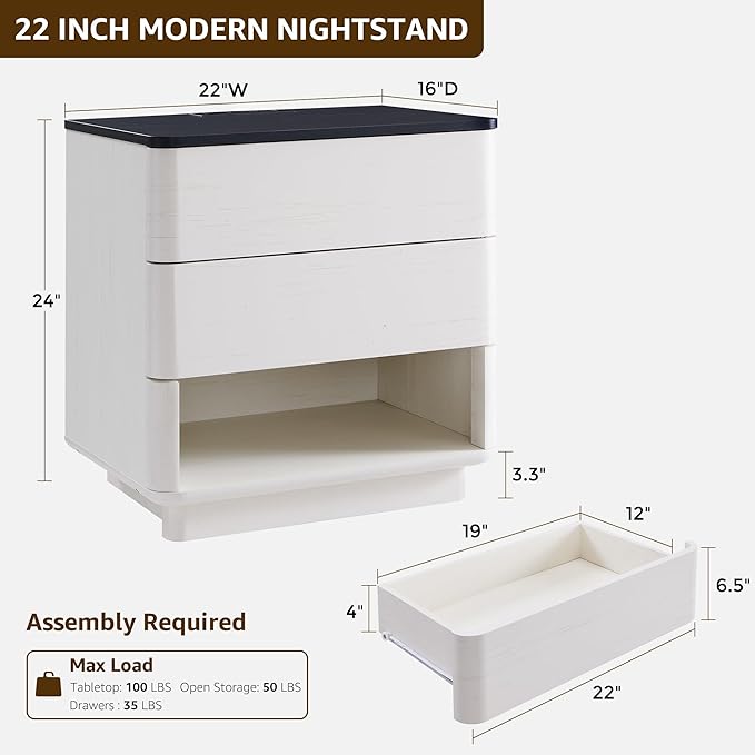 Nightstand with Charging Station, 22" Push-to-Open Bedside Table with 2 Storage Drawers, Large Modern End Table for Bedroom,Living Room,White