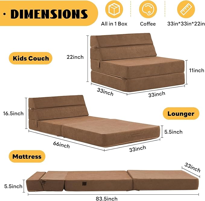 jela Foldable Sofa Bed Large Soft Foam Convertible Sleeper Chair Luxury Miss Fabric Fold Out Chair Bed Floor Couch with Back Support Floor Sofa for Living Room Bedroom (83"x33",Coffee Brown)