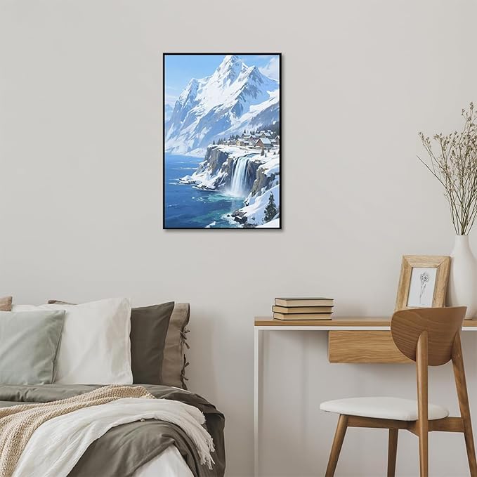 Winter lakeside town and snowy scenery merge together to form a landscape poster wall art suitable for living room bedroom and office