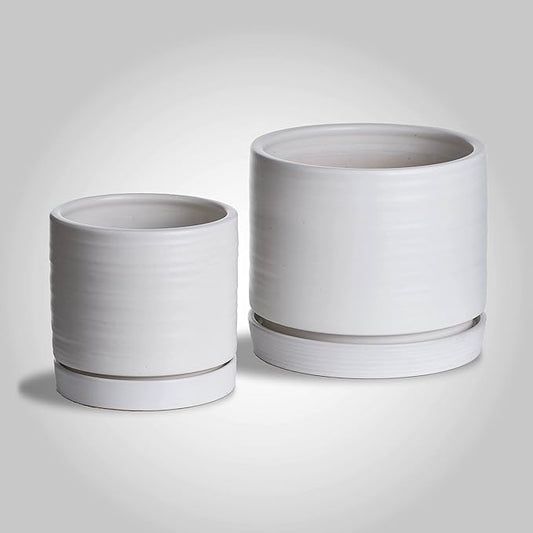 6 + 8 Inch Plant Pots, Ceramic Planter Pot with Drainage Hole & Saucer, Indoor/Outdoor Cylinder Round Planter Pot, Matte White