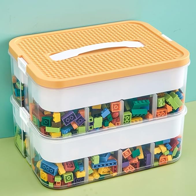 Toys Organizer Storage Case for Lego Box Kids Toy Stackable Building Blocks with Lids Bins Adjustable Lego Storage Containers Plastic Toy Box 2 Layer (Lemon)