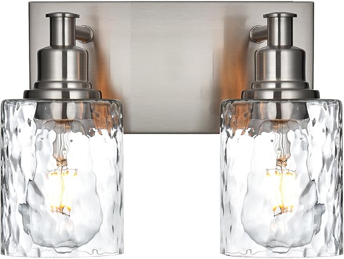 BONLICHT Modern Bathroom Light Fixtures in Brushed Nickel Finish, 2 Light Industrial Indoor Wall Sconce Farmhouse Vanity Lighting Over Mirror with Hammered Glass Contemporary Hallway Wall Mount Lamp
