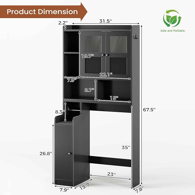 Itaar Over The Toilet Storage Cabinet, Over Toilet Bathroom Organizer with Glass Doors & Toilet Paper Holder Stand, Home Space-Saving Toilet Rack, for Bathroom, Restroom, Laundry(Black)