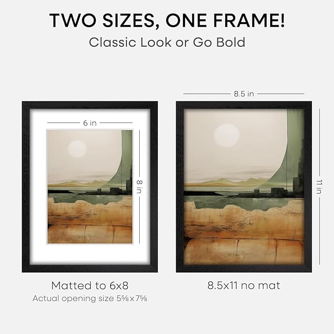 Homeforia 8.5x11 Picture Frame Black Wood, High End Oak 8.5 x 11 Frames with Mat 6 by 8 Print, 8.5by11 Wooden Frame Matted to 6x8 inch Photo, Wall or Tabletop Frame, Tempered Glass, Wall Kit, Set of 1