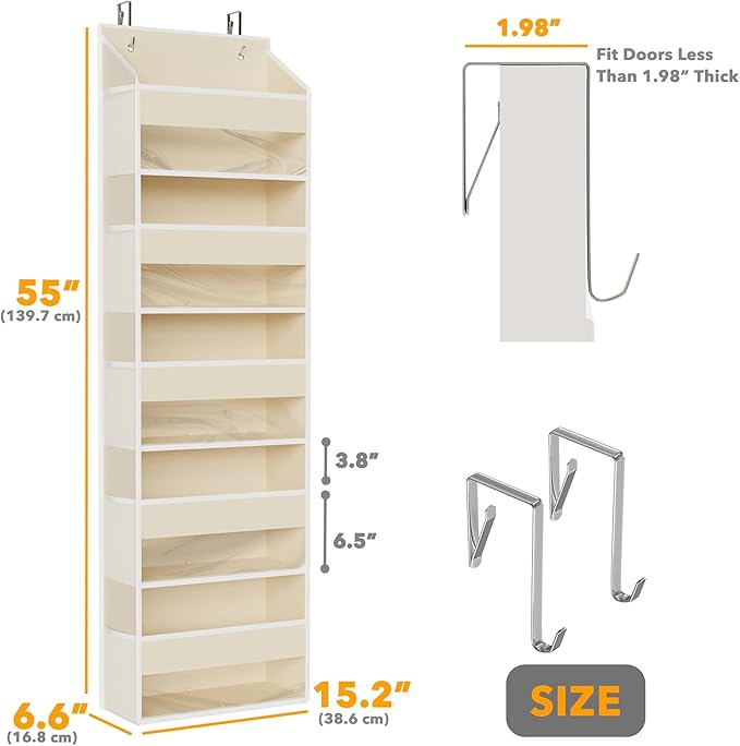 SpaceAid 2 Pack Over The Door Organizer with 5 Large Pockets and 10 Mesh Side Pockets, 5 Layers Door Organizer Hanging with Clear Window for Bedroom, Bathroom, Pantry and Nursery, Beige