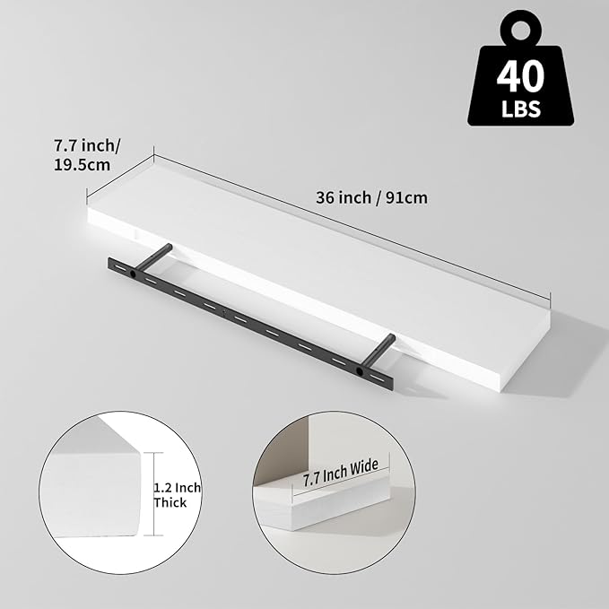 SAUMONIERES Floating Shelves 8 Inch Deep Solid Wood Wide Wall Shelf Set of 2 Wall Mounted for Bedroom Bathroom Living Room Kitchen, 36 Inch White