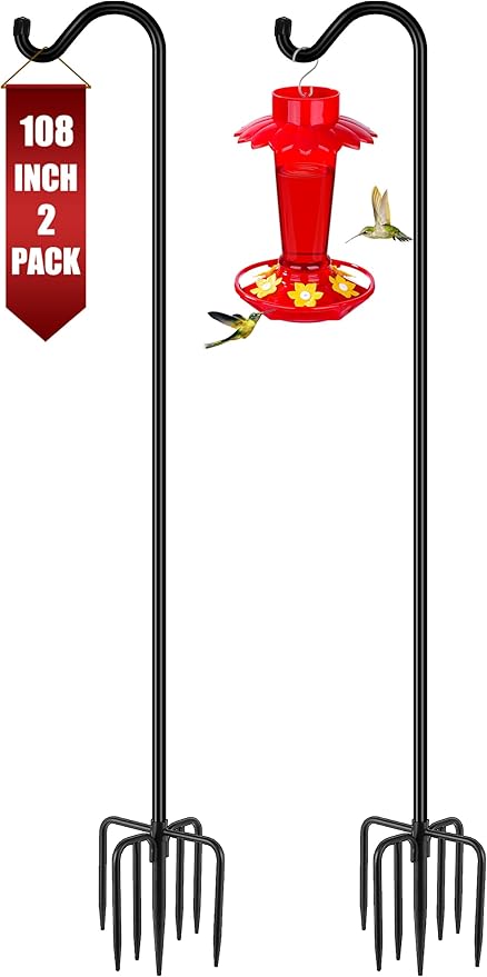 Gtongoko 2 Pack 108 Inch Tall Shepherds Hooks for Outdoor Bird Feeders, Heavy Duty Bird Feeder Pole Stand, Adjustable Hanger for Plant, Lights, Lanterns Wedding Decor with 7 Prongs Base